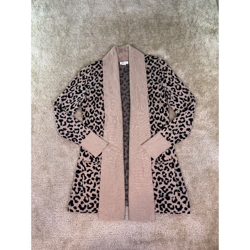 Yes Lola Leopard Print Cotton Open Front Cardigan Sweater Cowl Collar XS E322